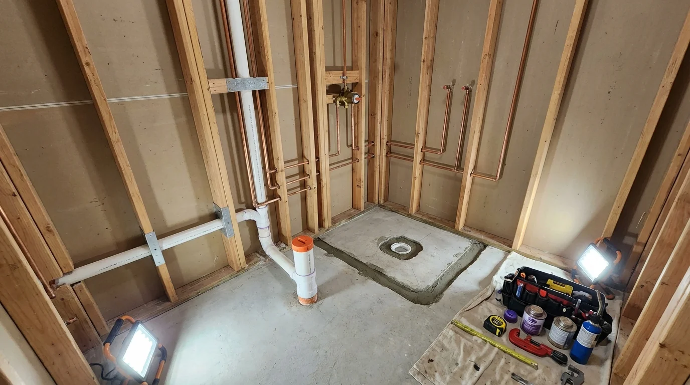Bathroom rough-in plumbing during remodel by Johns Plumbing LLC in Elgin