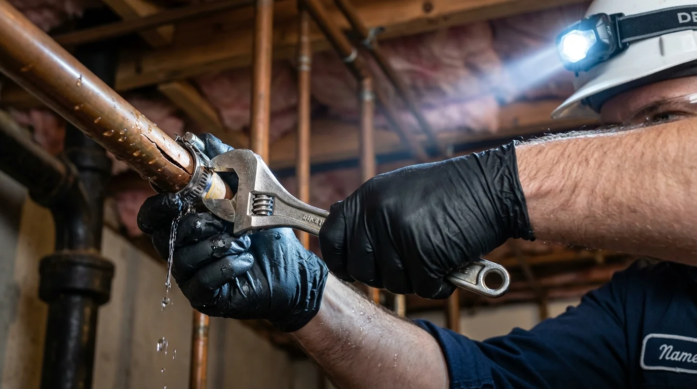 Emergency pipe clamp repair being performed by a Johns Plumbing LLC plumber in Elgin