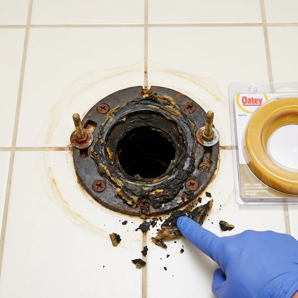Failed wax ring showing water seepage at the base of a toilet in a Elgin, OR home