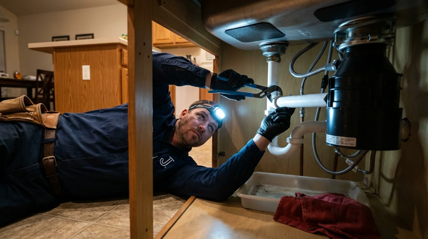 P-trap and supply line connections under a kitchen sink showing a common leak point in Elgin, OR